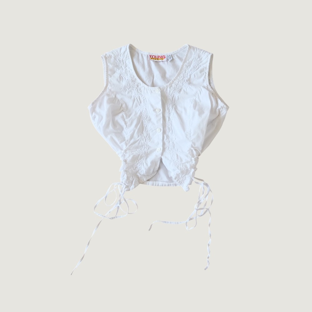 Vintage Vest White Embroidered Lace Up Cotton Cottagecore 10 Sleeveless Top Boho